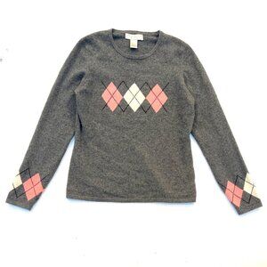 McDuff 100% Cashmere Sweater Pullover‎ Argyle Pink Preppy Academia Sporty Kawaii